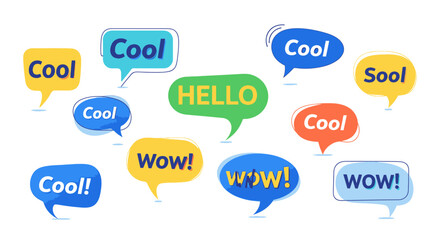 colorful speech bubbles with hello and cool words