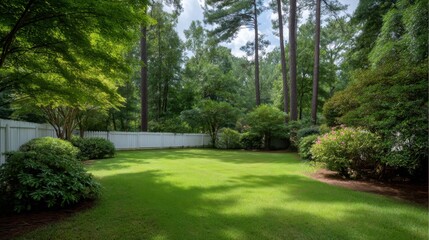 Obraz premium Serene Green Lawn Surrounded by Lush Trees and Vibrant Shrubs in a Peaceful Residential Backyard Setting