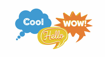 colorful speech bubbles with hello, wow and cool text
