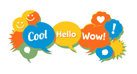 colorful speech bubbles with cool hello wow text