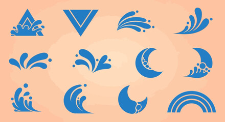 Obraz premium Collection of abstract blue wave and moon symbols on peach background.