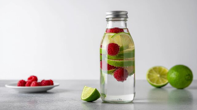 Healthy infused water with lime and raspberry fruit, minimalist detox drink for pure refreshment, perfect beverage to complement light meal and wellness lifestyle