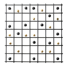 A visually intriguing abstract composition featuring scattered black and gold spheres arranged neatly upon a black wire grid on transparent background. on transparent background