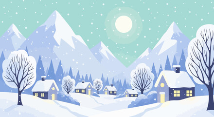 Fototapeta premium Winter landscape with snow-covered houses and mountains under a full moon.