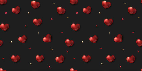 Obraz premium Valentines Day love seamless pattern on black background. Glossy red 3d heart with golden beads decoration. Romantic vector wrapping paper texture