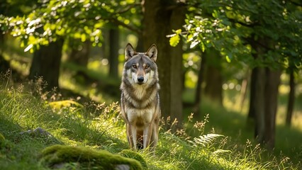 Wolf Standing in Forest Clearing with Trees.