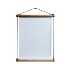 Minimalist vertical blank canvas banner with natural wood bars and hanging rope system on transparent background
