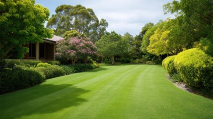Fototapeta premium Lush Green Lawn Surrounded by Vibrant Trees and Flowering Shrubs Under Bright Blue Sky in a Peaceful Residential Garden Setting