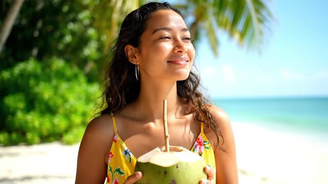 Smiling woman drinking fresh coconut on tropical beach