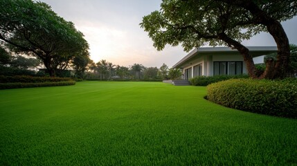 Fototapeta premium Lush Green Lawn Surrounding Modern House at Dusk with Trees and Tranquil Atmosphere in an Outdoor Landscape Setting