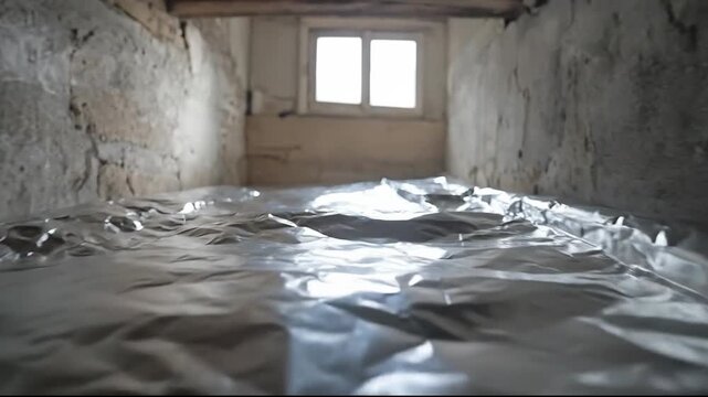 A reflective foil layer in a dim basement with soft natural light.