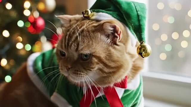 Adorable Ginger Cat Wearing a Green Christmas Elf Costume with Bells