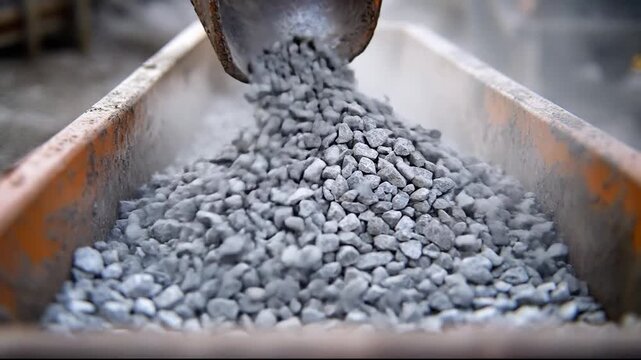 Gravel pours from a chute, showcasing industrial loading and texture.