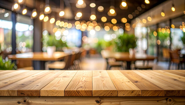 Wooden Table Top Close Up, Empty Wooden Counter over Blurred Kitchen Background