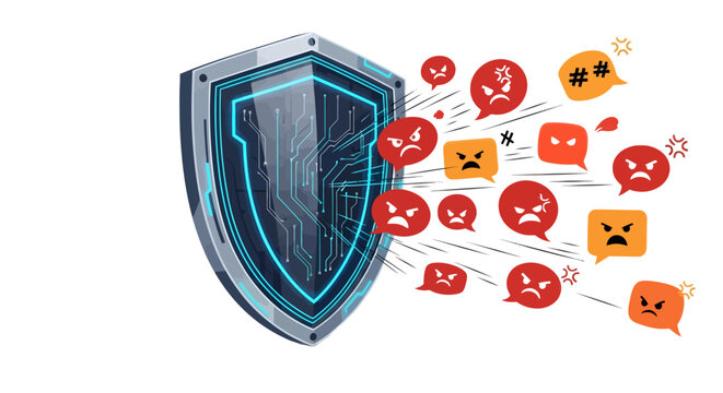 Digital shield with circuit patterns deflecting angry online hate