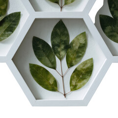 Detailed view of preserved green botanical leaf specimen showcased within a white geometric hexagonal frame on transparent background