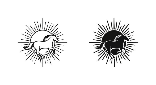Running horse with sunburst icon, freedom symbol, dynamic energy, vector art