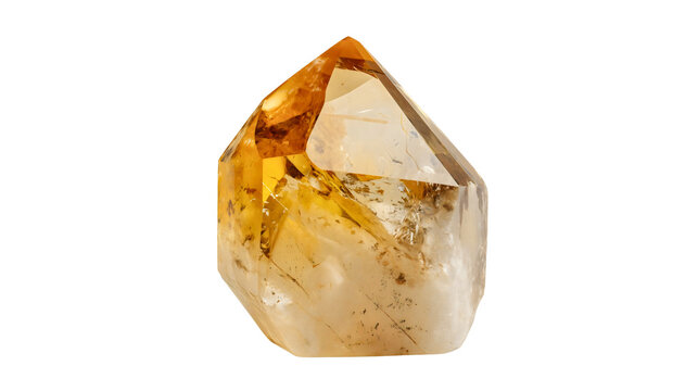 Natural Citrine crystal point isolated on white background, yellow quartz mineral, transparent gemstone, spiritual motivation stone, semi-precious rock.