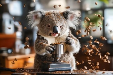 Chibi koala grinding coffee with retro manual grinder
