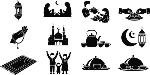 Islamic Ramadan Icons Collection With Family Prayer Food And Mosque Symbols muslim