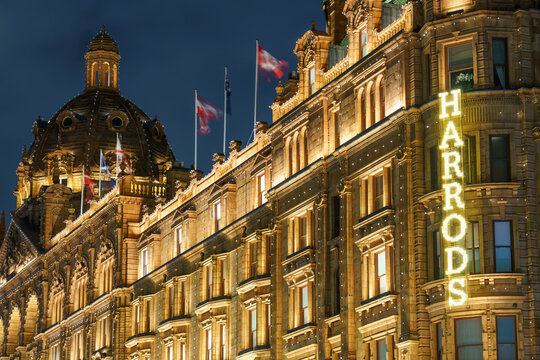 Harrods department store at Christmas season on Knightsbridge in London. Harrods is the biggest department store in Europe