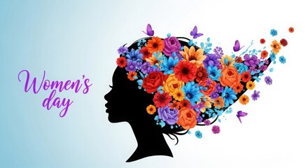Celebrating women's day with a vibrant floral silhouette of a woman's head. illustration