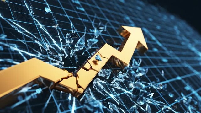 Gold bar chart with rising arrow symbolizing explosive financial success and economic growth. An impactful display of wealth breaking through barriers for market progress