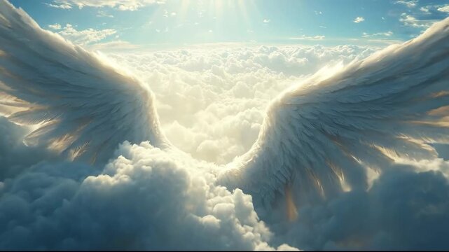 Majestic angel wings rising above soft, fluffy clouds in bright light.