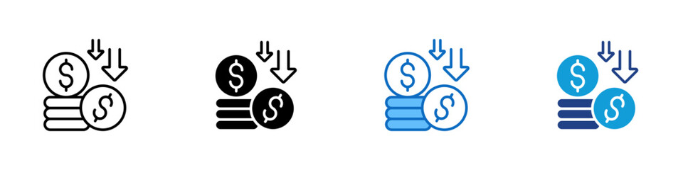Falling Revenue Multiple Style Icon Design Vector - Coin stack with downward arrows representing revenue decline, decreasing income, and financial pressure