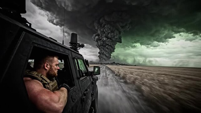 Man Fleeing Massive Disaster Plume in Armored Military Vehicle