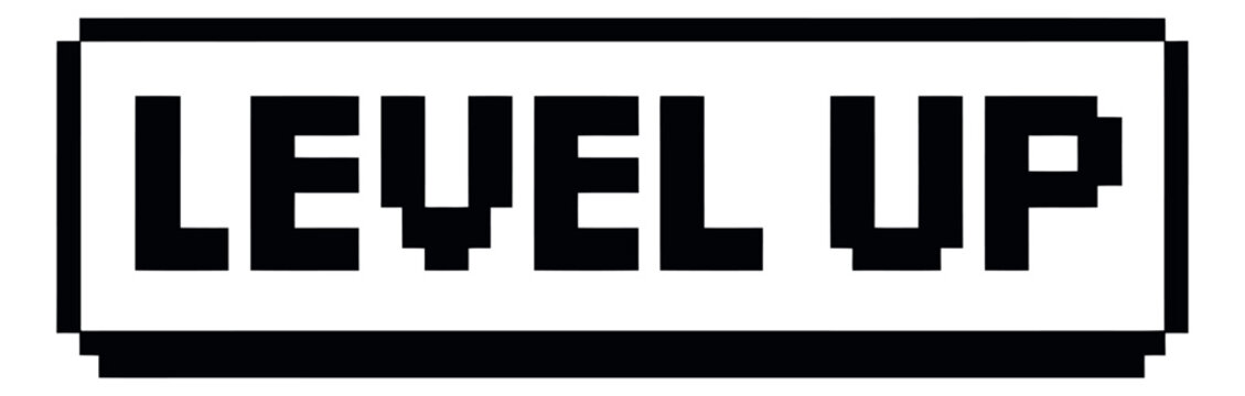 Pixel art illustration of a Level Up message depicting progress and achievement for gaming and success concepts