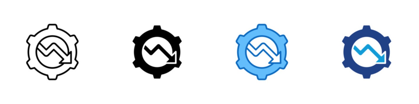 Gear Decline Multiple Style Icon Design Vector - Gear with downward trend arrow representing operational slowdown, productivity loss, and maintenance issues