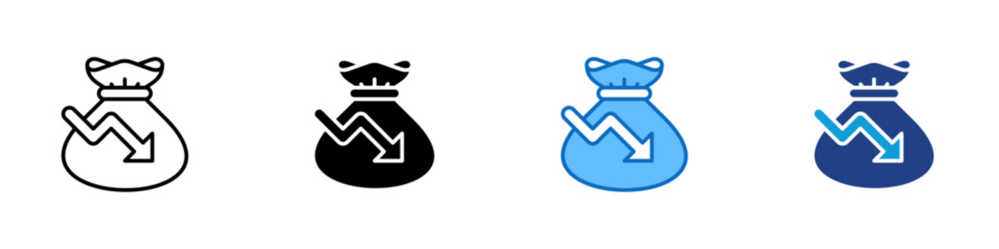Financial Loss Multiple Style Icon Design Vector - Money bag with downward arrow representing revenue loss, reduced profit, and financial decrease