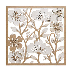 Intricate laser-cut wooden panel featuring detailed floral blossom patterns with natural wood grain texture on transparent background