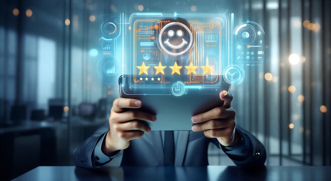 Business professional interacting with futuristic digital interface showing customer satisfaction and quality service ratings