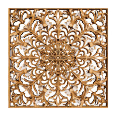 Intricate multi-layered wooden mandala wall art featuring detailed floral relief carving on transparent background