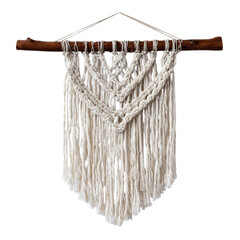 Beautiful handcrafted cream macrame wall hanging featuring intricate knotted patterns suspended from a rustic wooden branch on transparent background. on transparent background