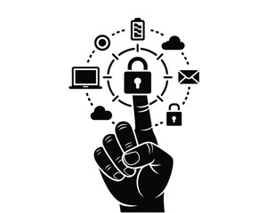 Finger touching a digital security network with icons