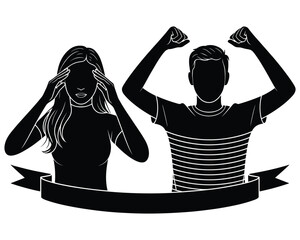 Man and woman showing opposing emotions with empty banner