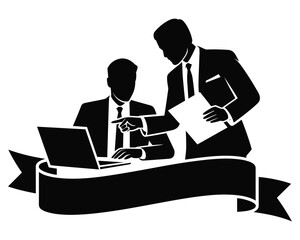 Two businessmen collaborating with a laptop and document