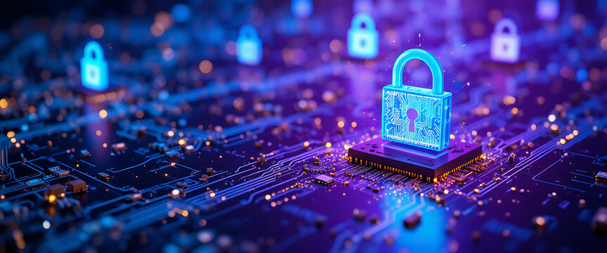 High-tech security interface, glowing padlocks rising from a digital circuit terrain, purple base tones with cyan data streams and golden light sparks, 