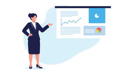 Professional businesswoman in a dark suit standing and giving a presentation using a screen with various financial data charts.