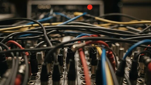 Dynamic network of audio cables intertwined in a studio mixing console setup