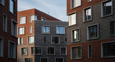 Fototapeta premium Modern residential buildings with brick facades and a rhythmic arrangement of windows