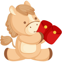 Fototapeta premium Cute Horse Sitting Holding Red Envelope Lunar New Year Clip Art