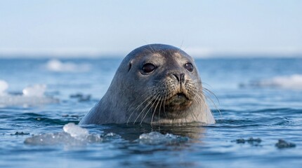 Fototapeta premium Close-up of a charming seal peeking out of icy blue water with a calm expression