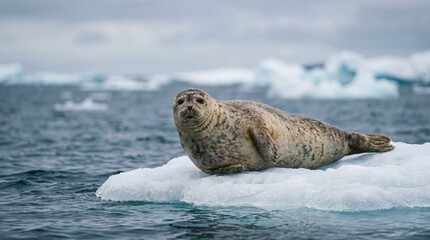 Naklejka premium Curious common seal rests on a floating ice floe in the cold arctic ocean with icebergs in