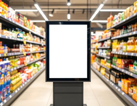 Blank advertising billboard in supermarket aisle.