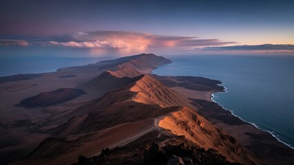 Fototapeta premium Dramatic mountain ridges along the coast at sunset with stunning cloud formations.