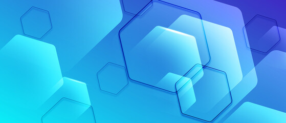 Modern abstract blue technology background featuring layered geometric shapes, soft gradients, and hexagon line patterns